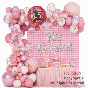 SET DE GLOBOS ARCO XL MIS 15 A�OS MARIPOSA TONOS ROSA MA 88 UNIDADES